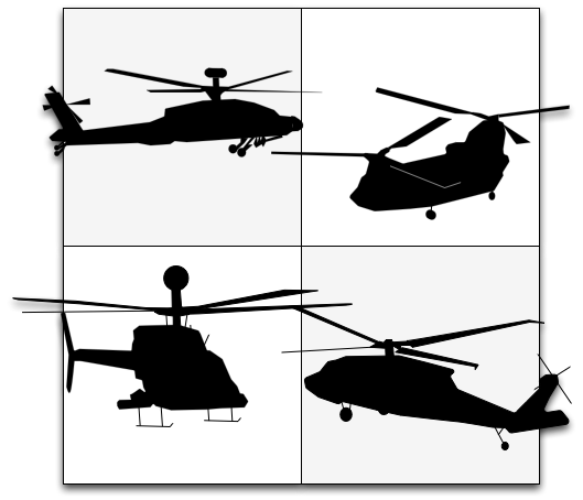 AH-64D, CH-47F, OH-58D, UH-60M helicopter outlines